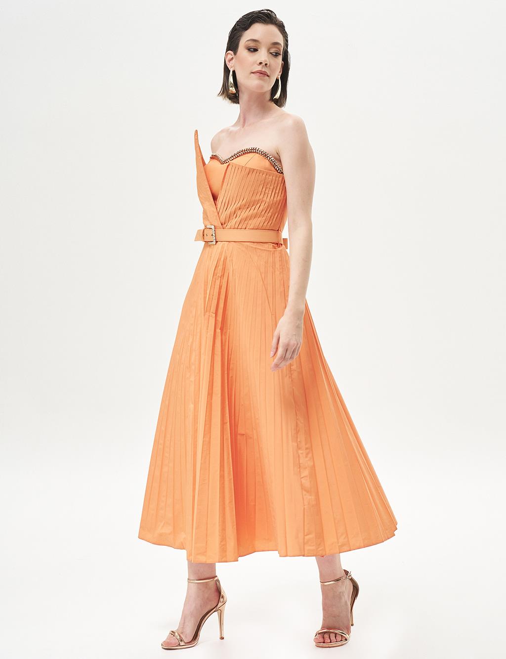 Stone-Embellished Strapless Neck Evening Dress in Peach