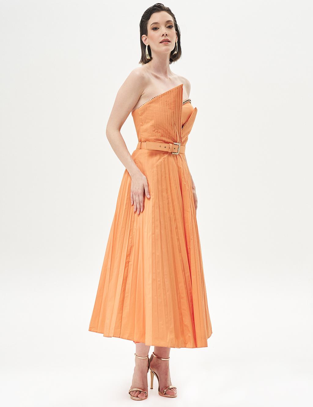 Stone-Embellished Strapless Neck Evening Dress in Peach