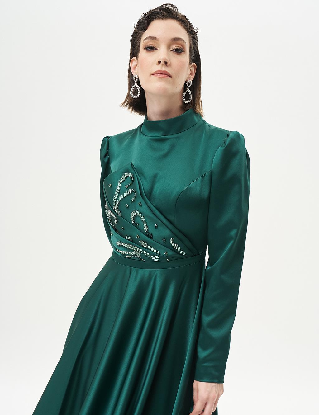 Emerald Satin Evening Dress with Stone Embellishments