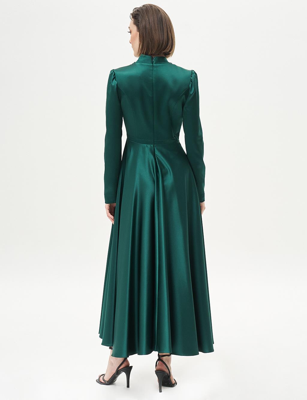 Emerald Satin Evening Dress with Stone Embellishments