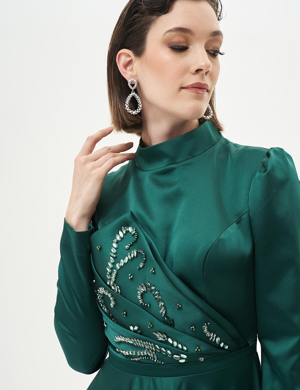 Emerald Satin Evening Dress with Stone Embellishments