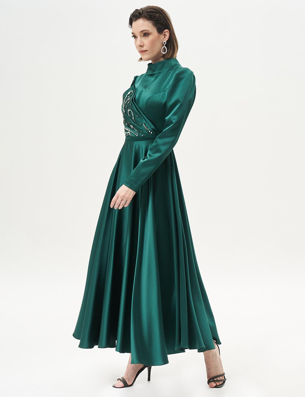 Emerald Satin Evening Dress with Stone Embellishments