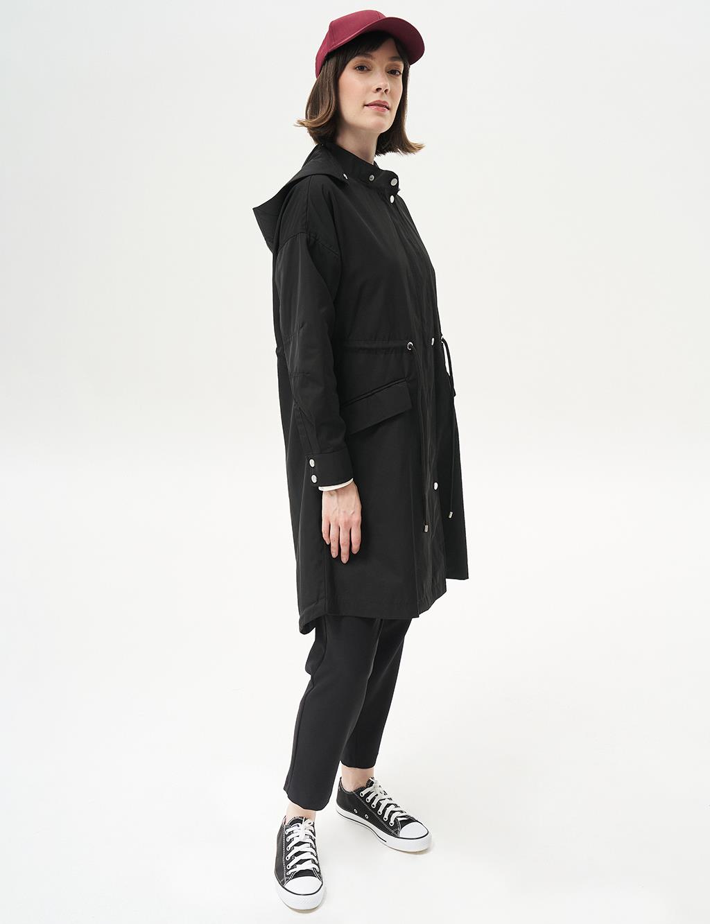 Snap-button Hooded Waist Gathered Cape Black