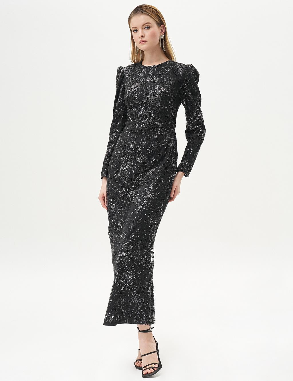 Stone Embroidered Fish Form Evening Dress Black