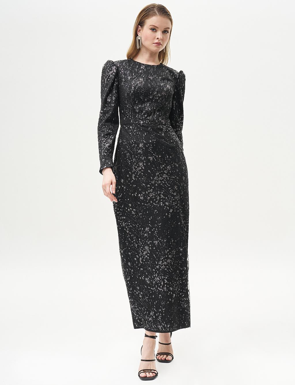 Stone Embroidered Fish Form Evening Dress Black