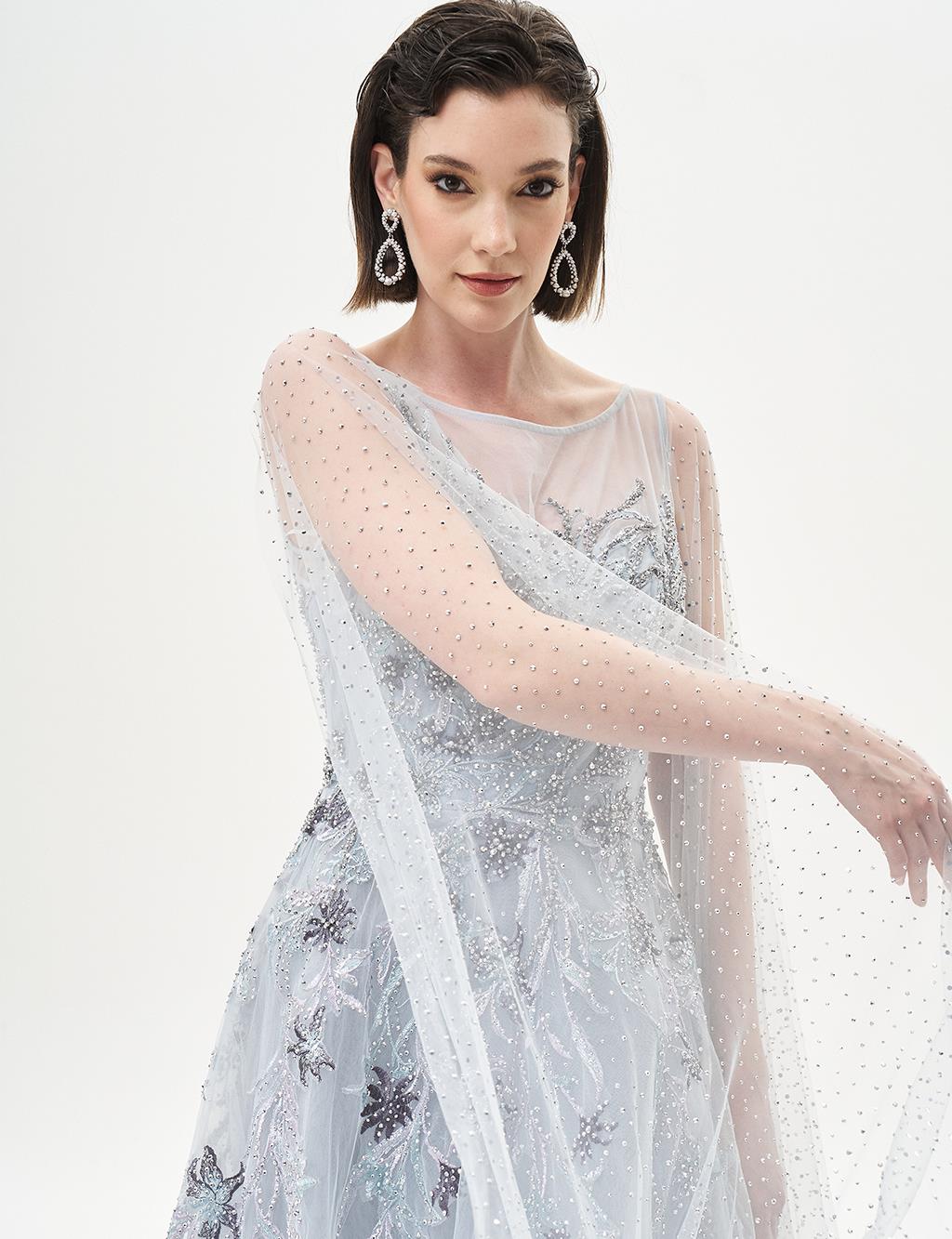 Gray Evening Dress with Stone Embellished Cape