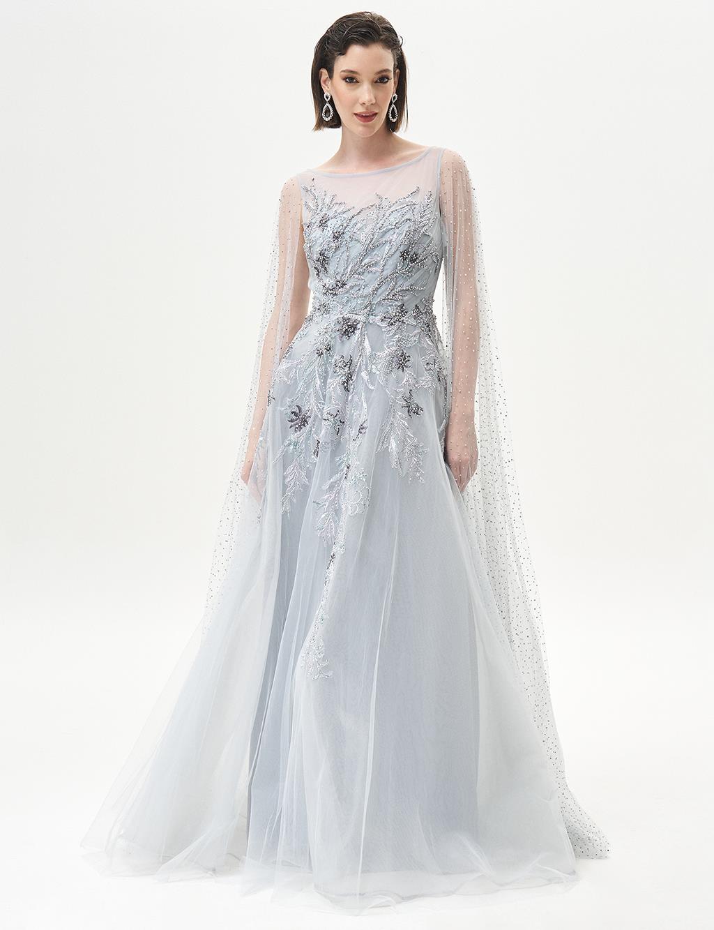 Gray Evening Dress with Stone Embellished Cape