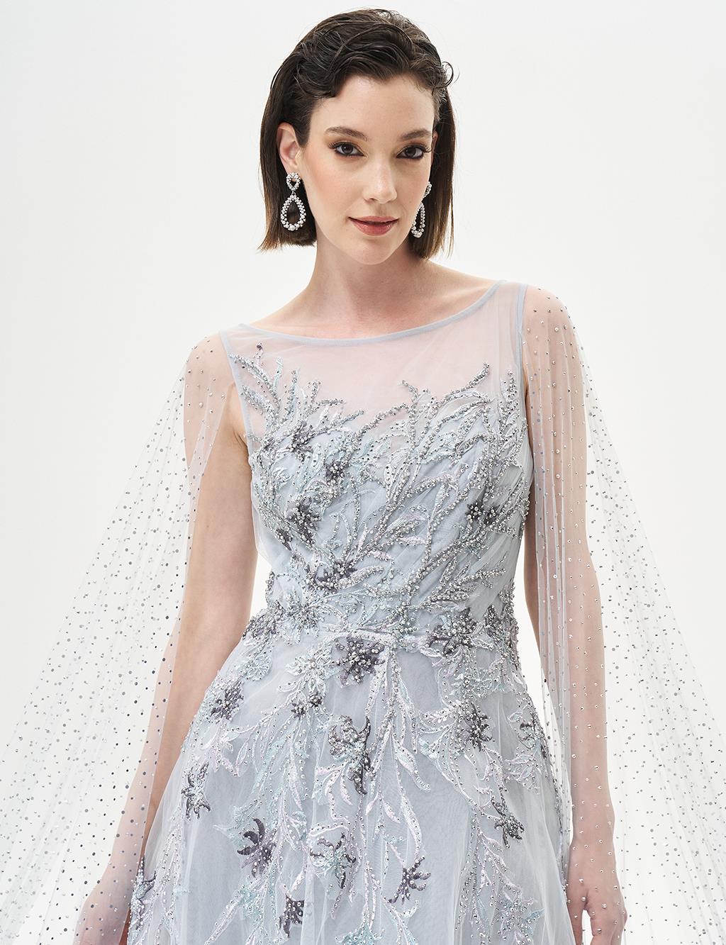 Gray Evening Dress with Stone Embellished Cape