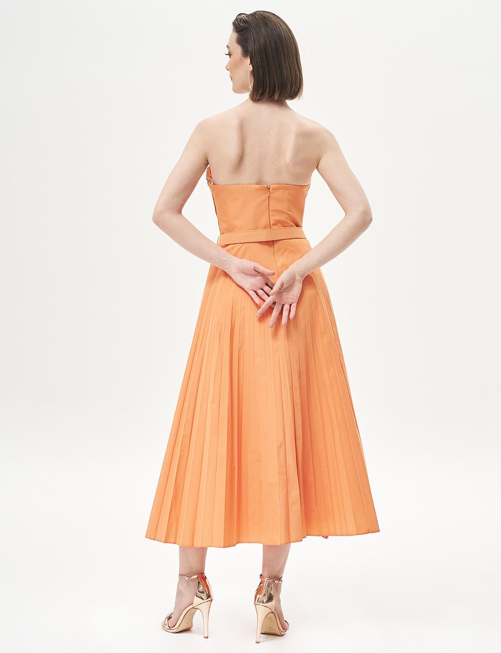 Stone-Embellished Strapless Neck Evening Dress in Peach