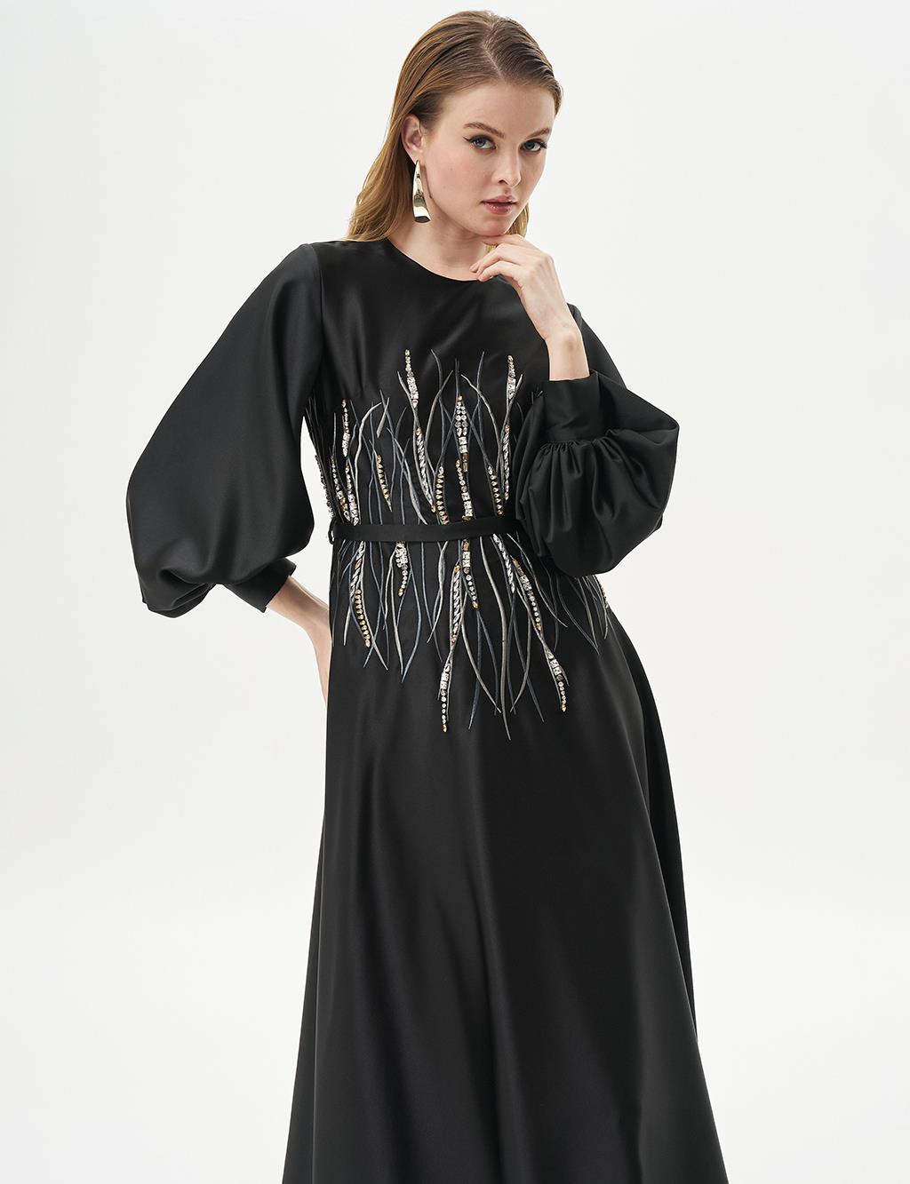 Stone-Embellished Satin Evening Gown in Black