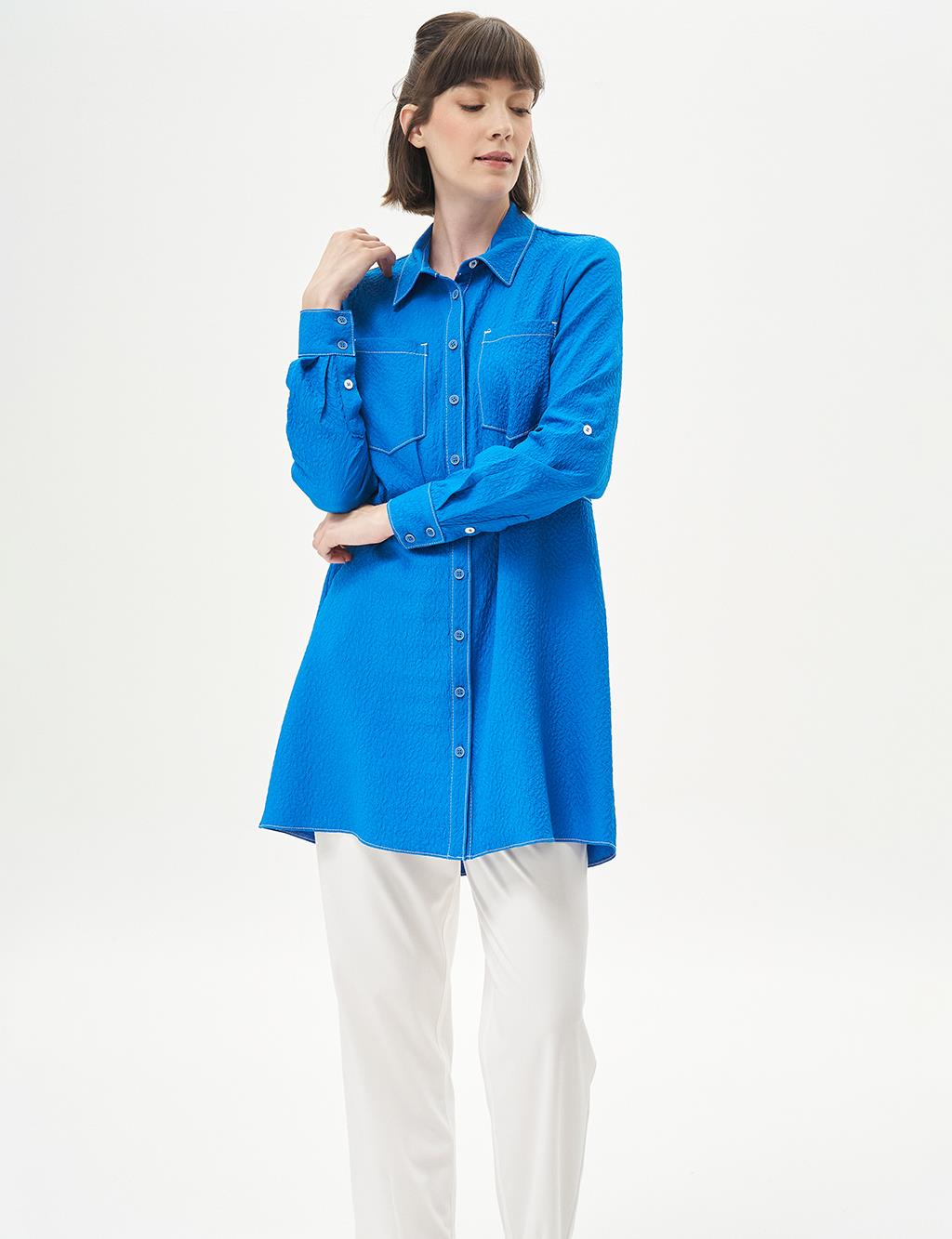 Shirt Collar Pocket Detailed Tunic Cobalt Blue