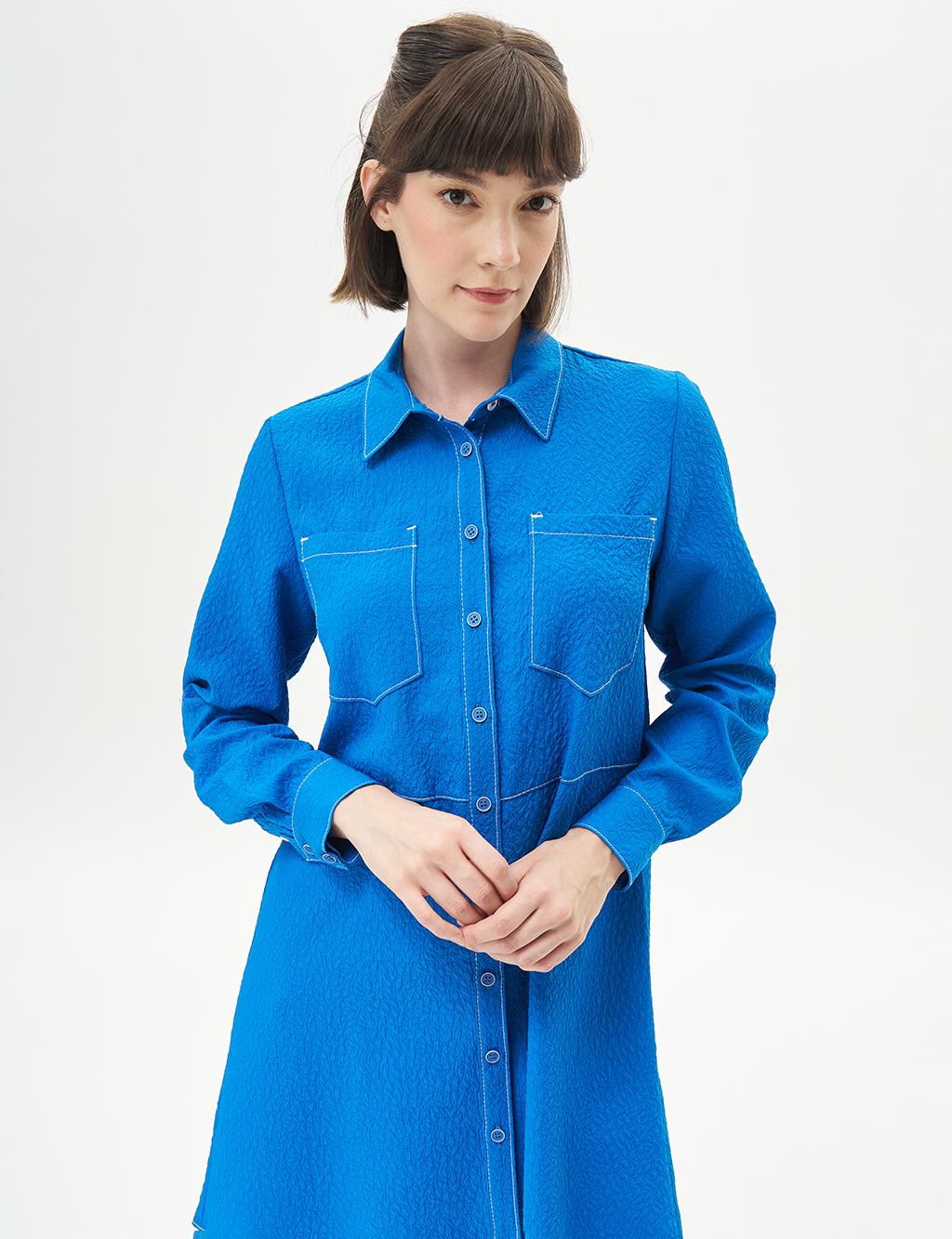 Shirt Collar Pocket Detailed Tunic Cobalt Blue