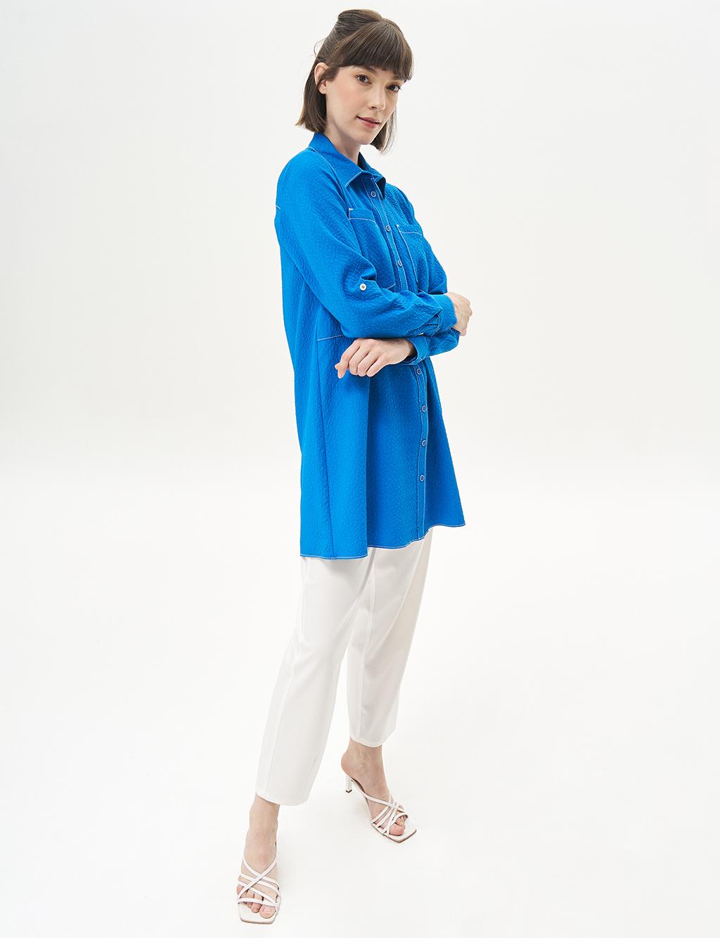 Shirt Collar Pocket Detailed Tunic Cobalt Blue