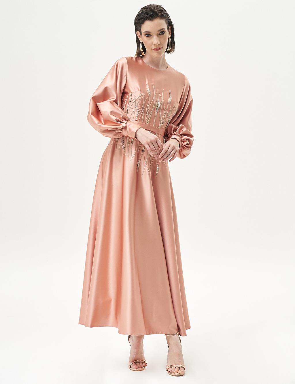 Stone-Embellished Satin Evening Gown in Mushroom