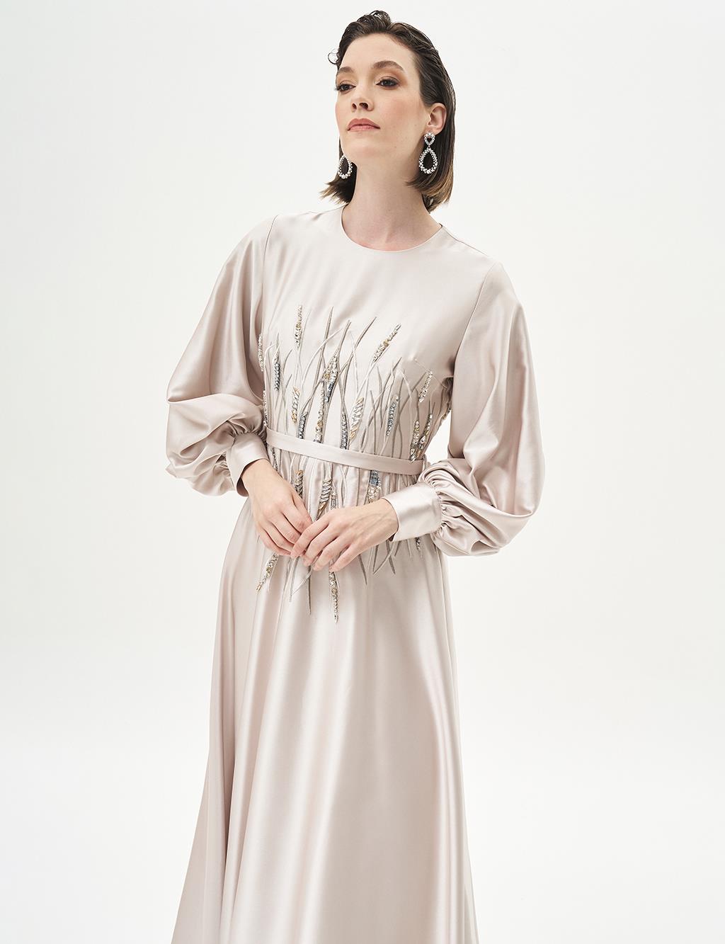 Stone-Embellished Satin Evening Gown in Stone