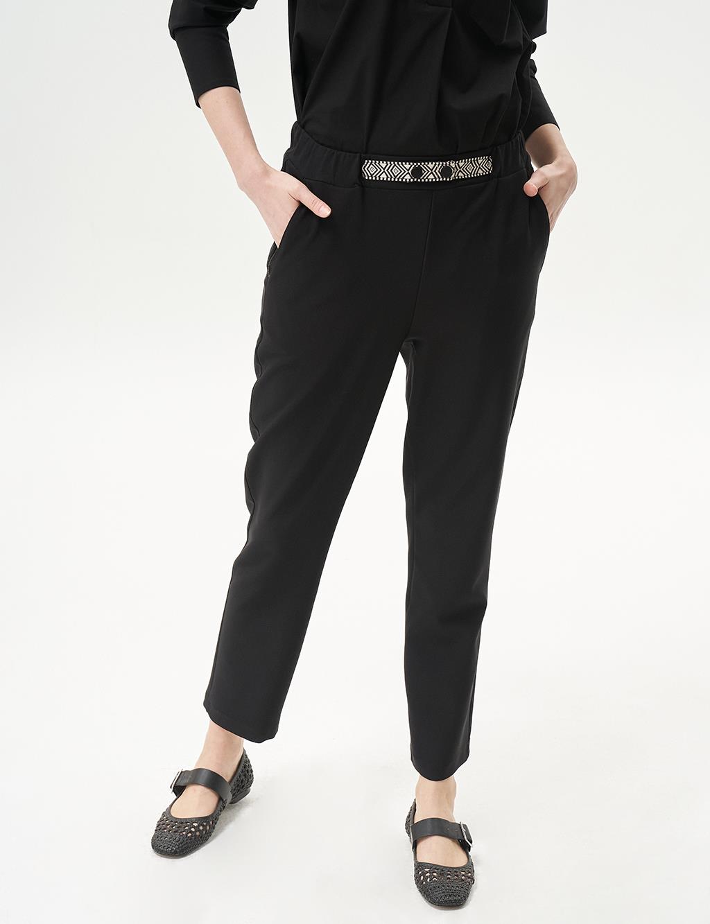 Ethnic Pattern Mixed Elastic Waist Trousers Black