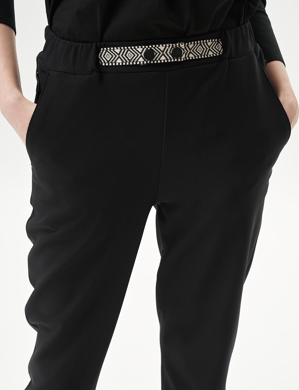 Ethnic Pattern Mixed Elastic Waist Trousers Black