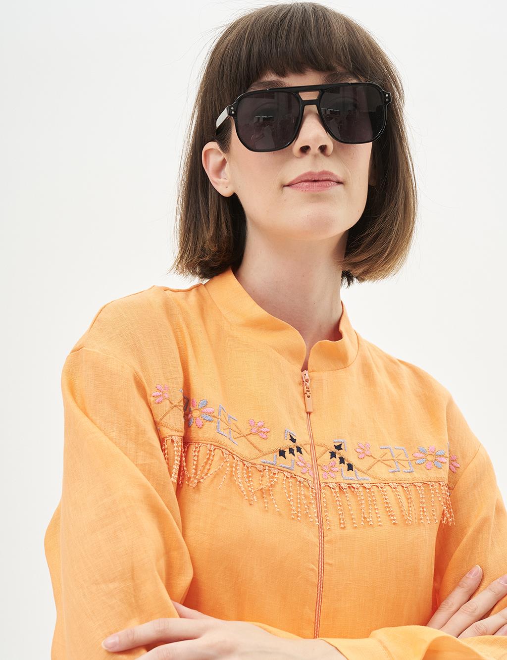 Tassel and Embroidery Detailed Linen Jacket Peach