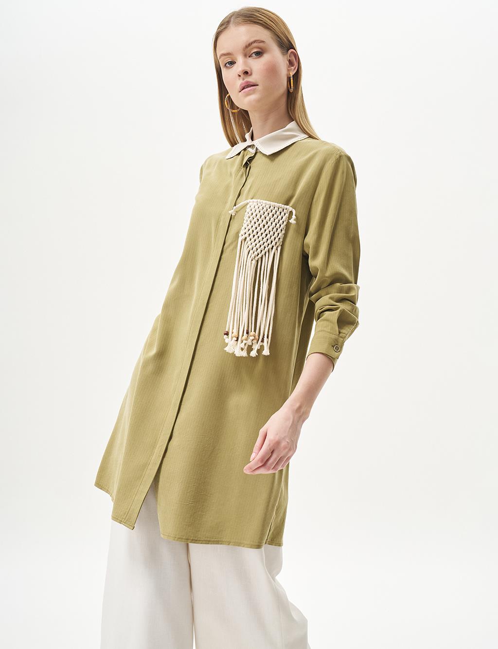 Macramé Detail Natural Fabric Tunic Khaki