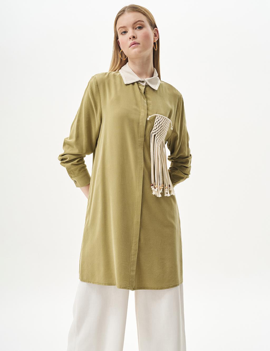 Macramé Detail Natural Fabric Tunic Khaki