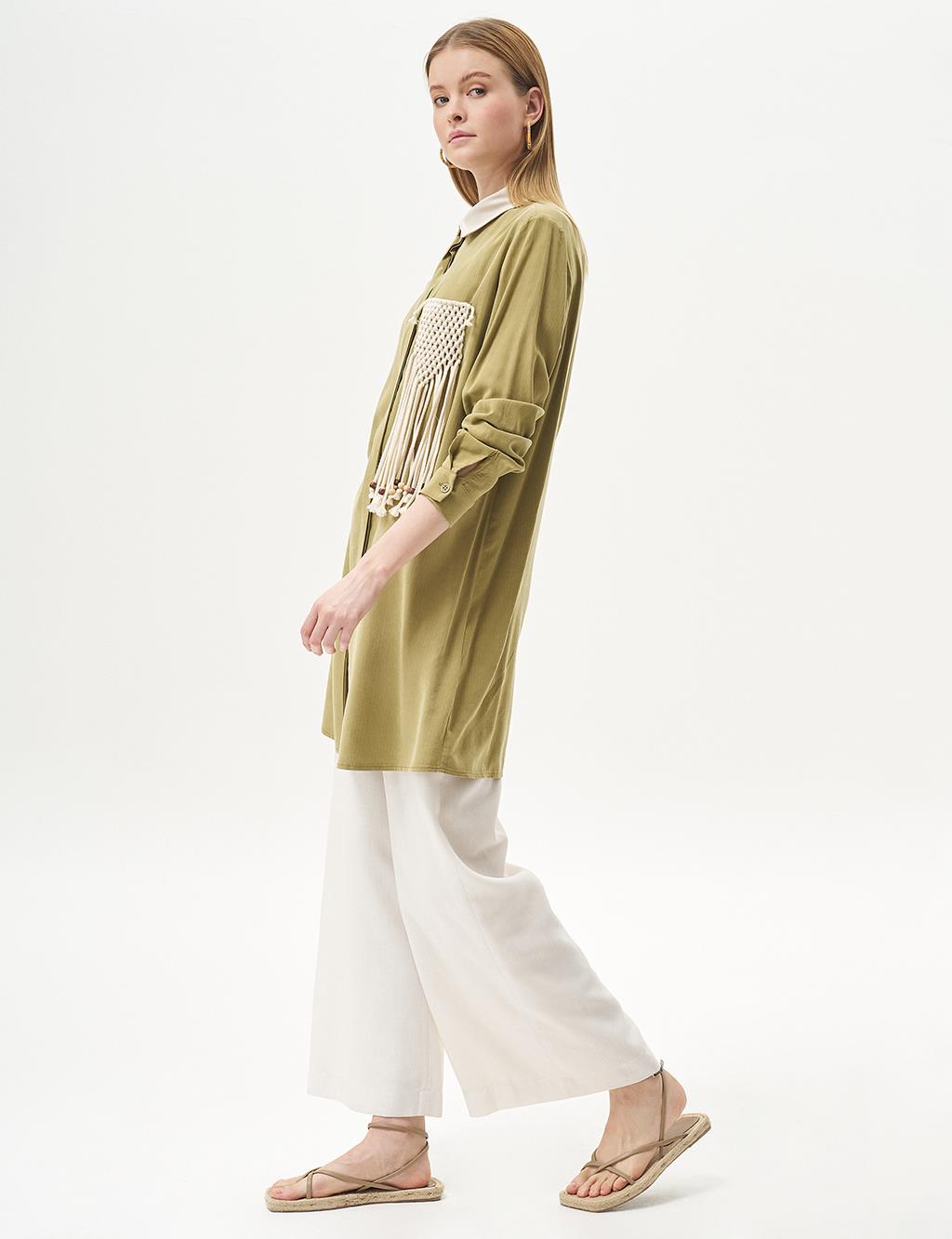 Macramé Detail Natural Fabric Tunic Khaki