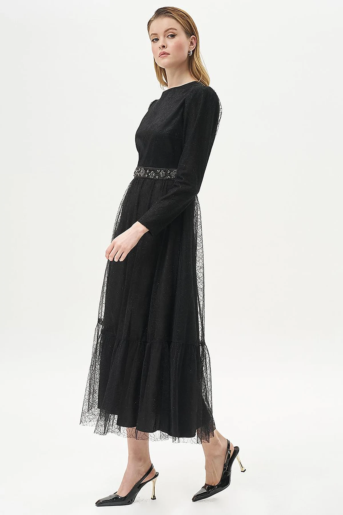 Ruffled Skirt Jacquard Dress Black