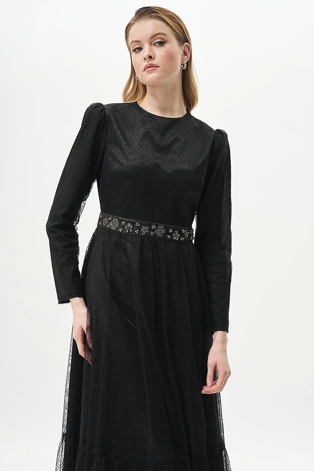 Ruffled Skirt Jacquard Dress Black