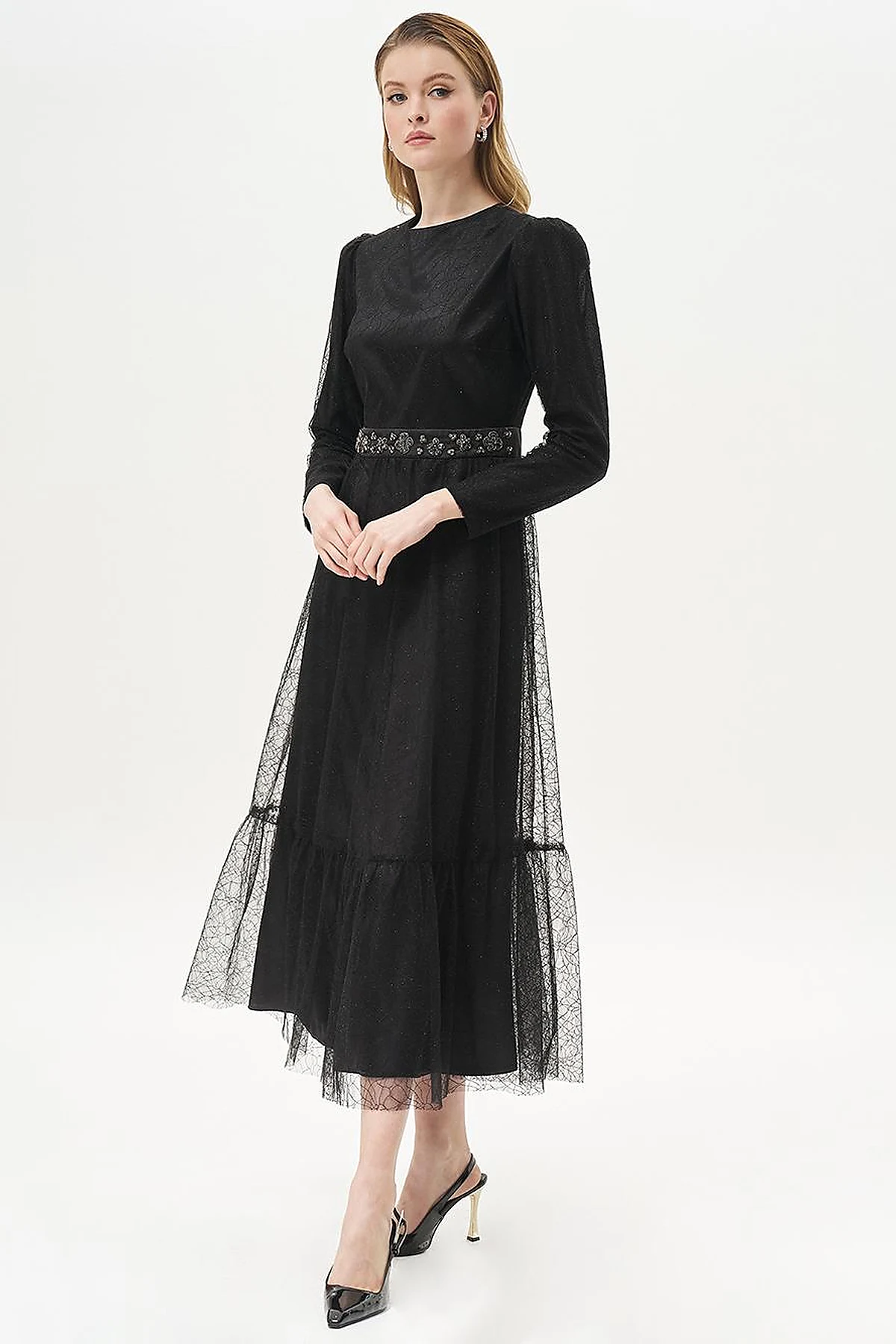 Ruffled Skirt Jacquard Dress Black