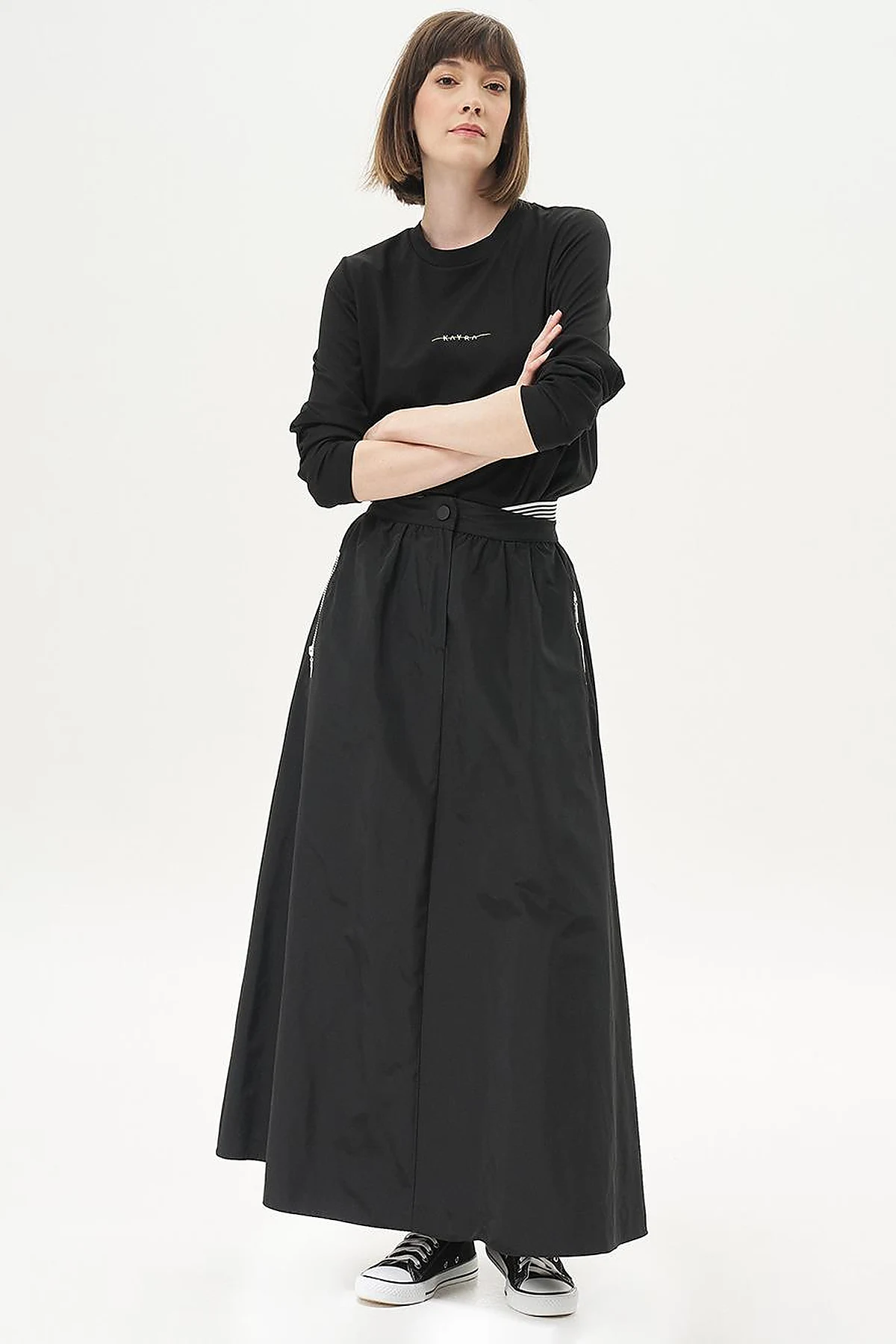 Elastic Waist Parachute Fabric Skirt Black