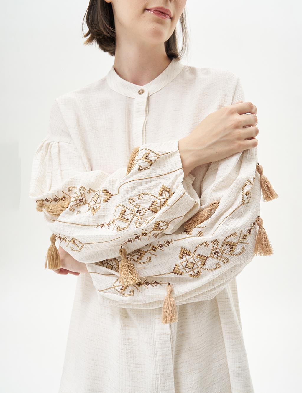 Embroidered Mandarin Collar Tunic Cream