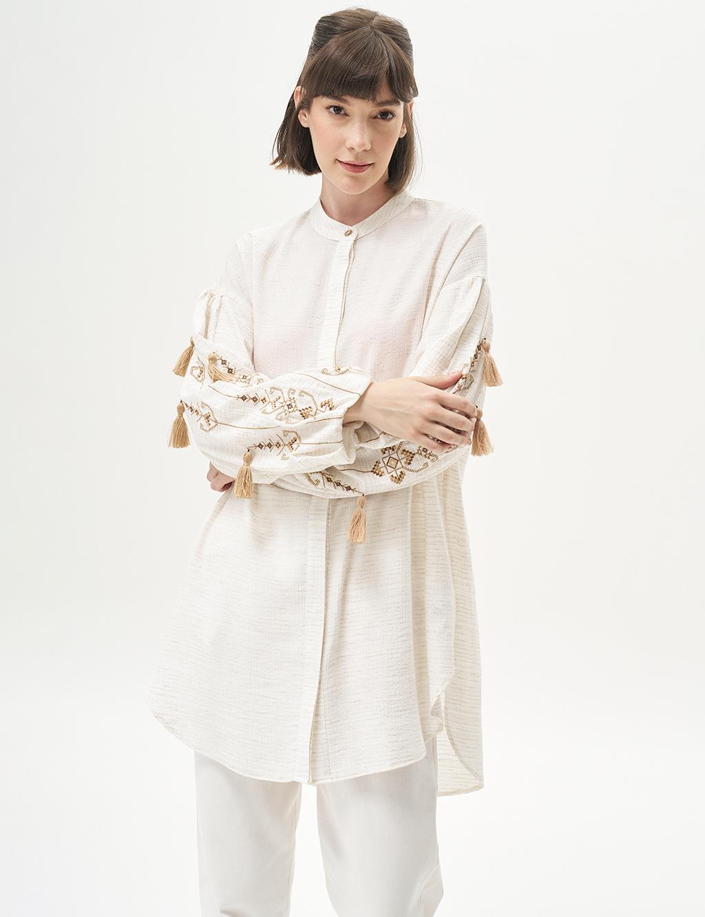 Embroidered Mandarin Collar Tunic Cream