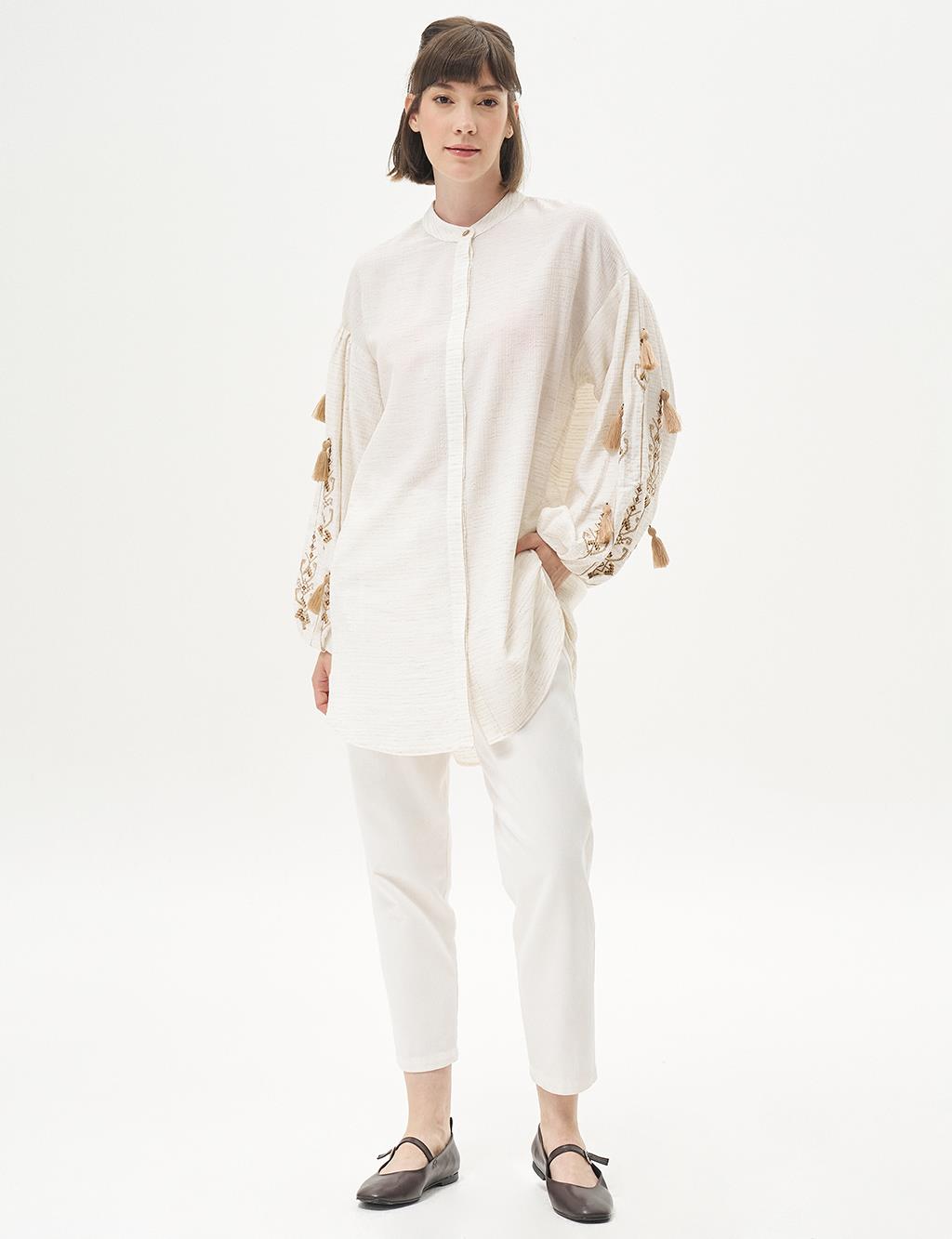 Embroidered Mandarin Collar Tunic Cream