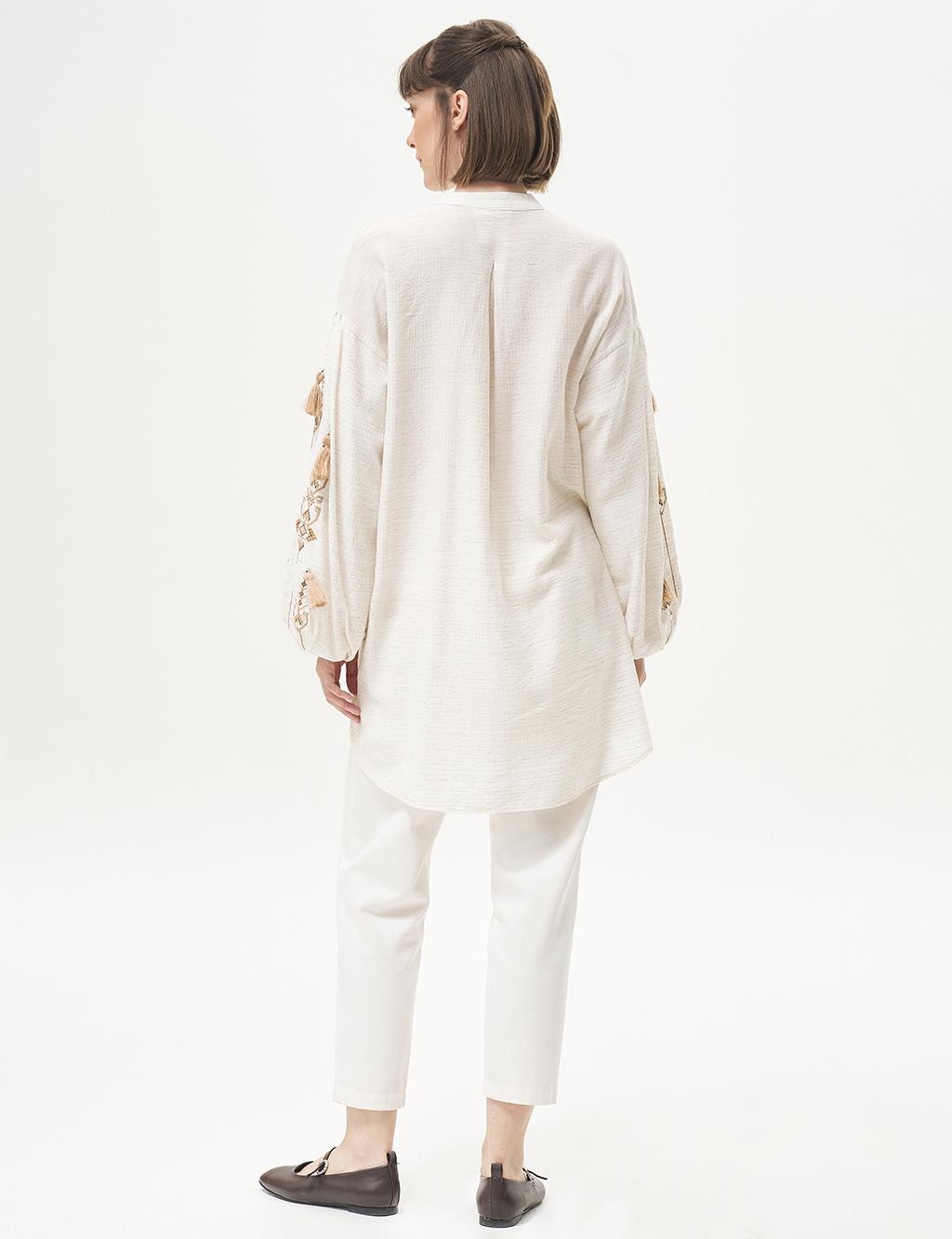 Embroidered Mandarin Collar Tunic Cream