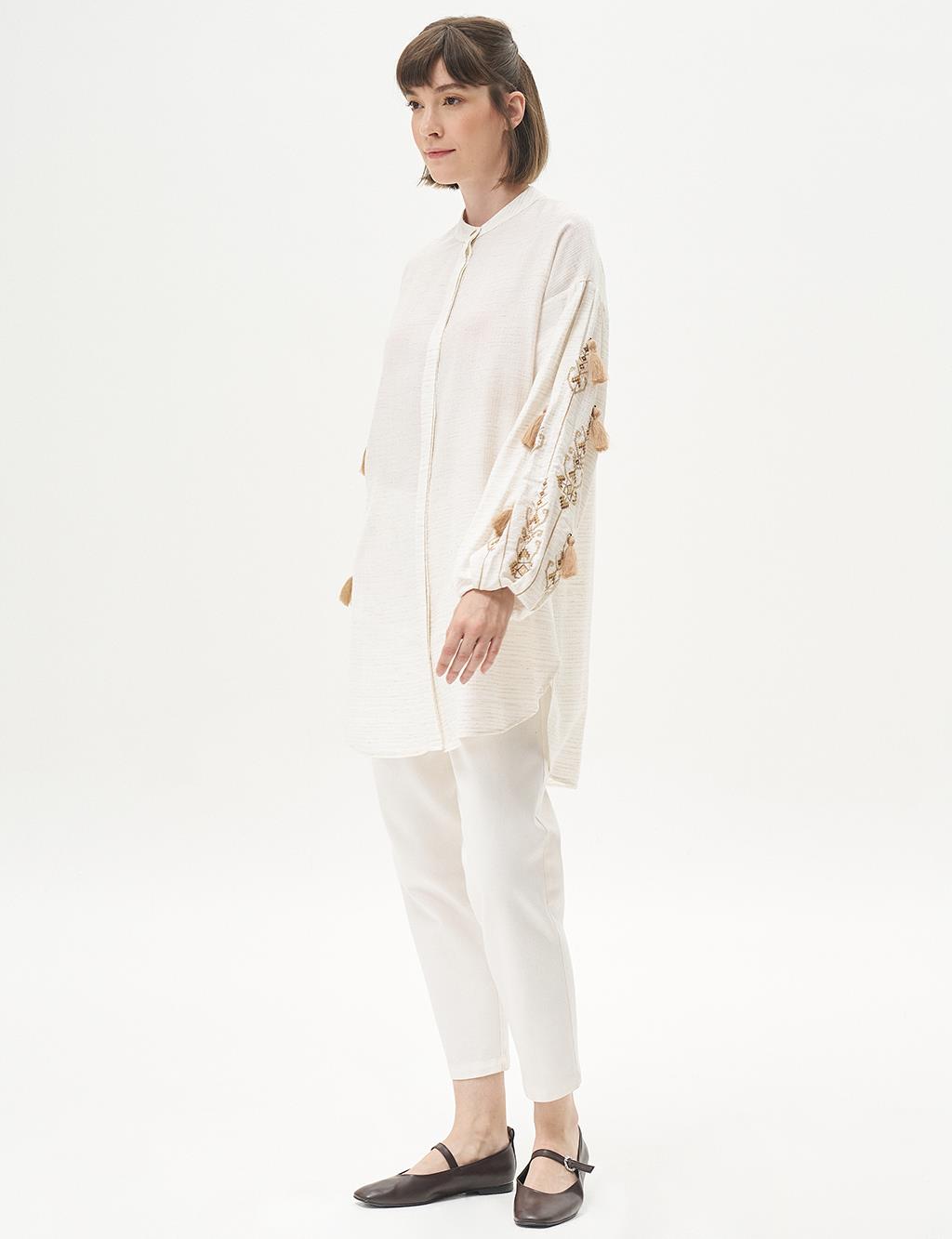 Embroidered Mandarin Collar Tunic Cream