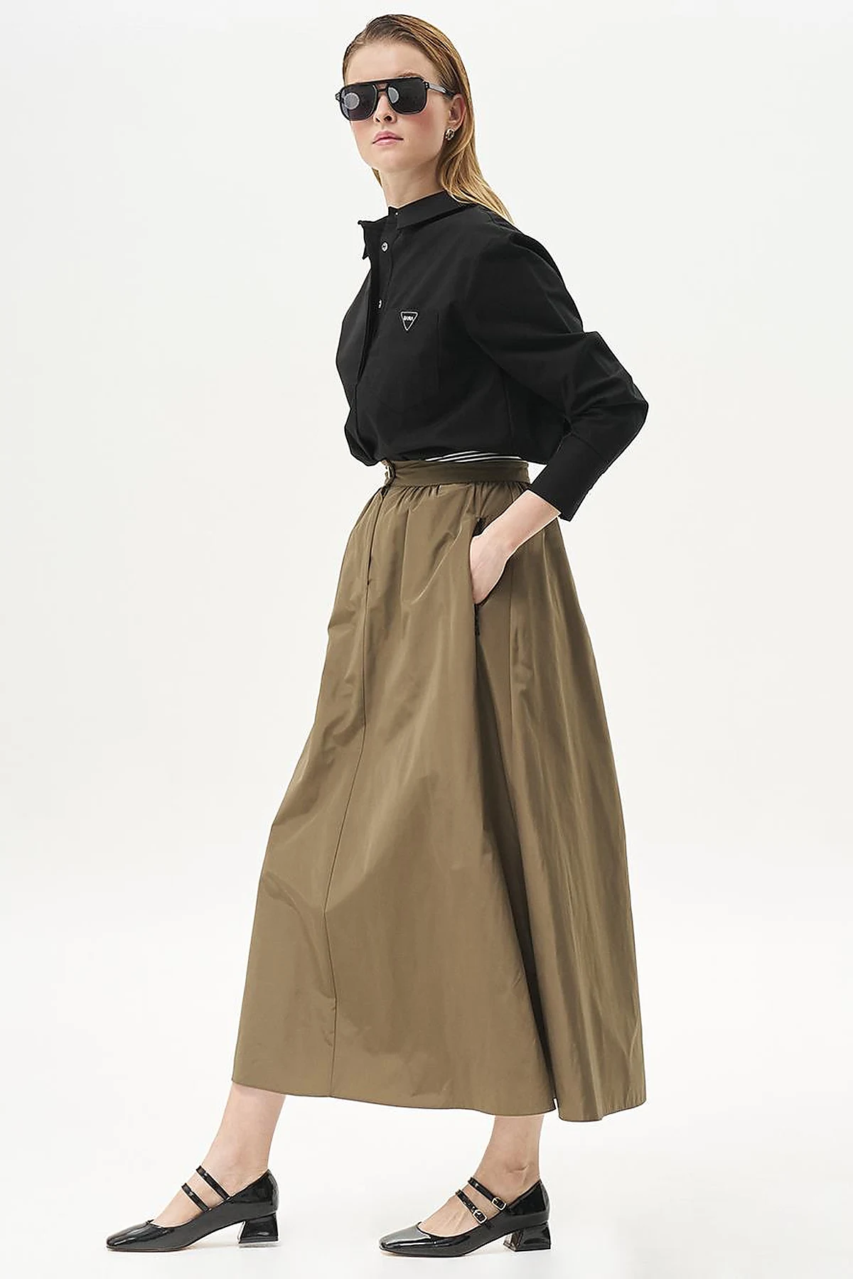 Elastic Waist Parachute Fabric Skirt Olive Green