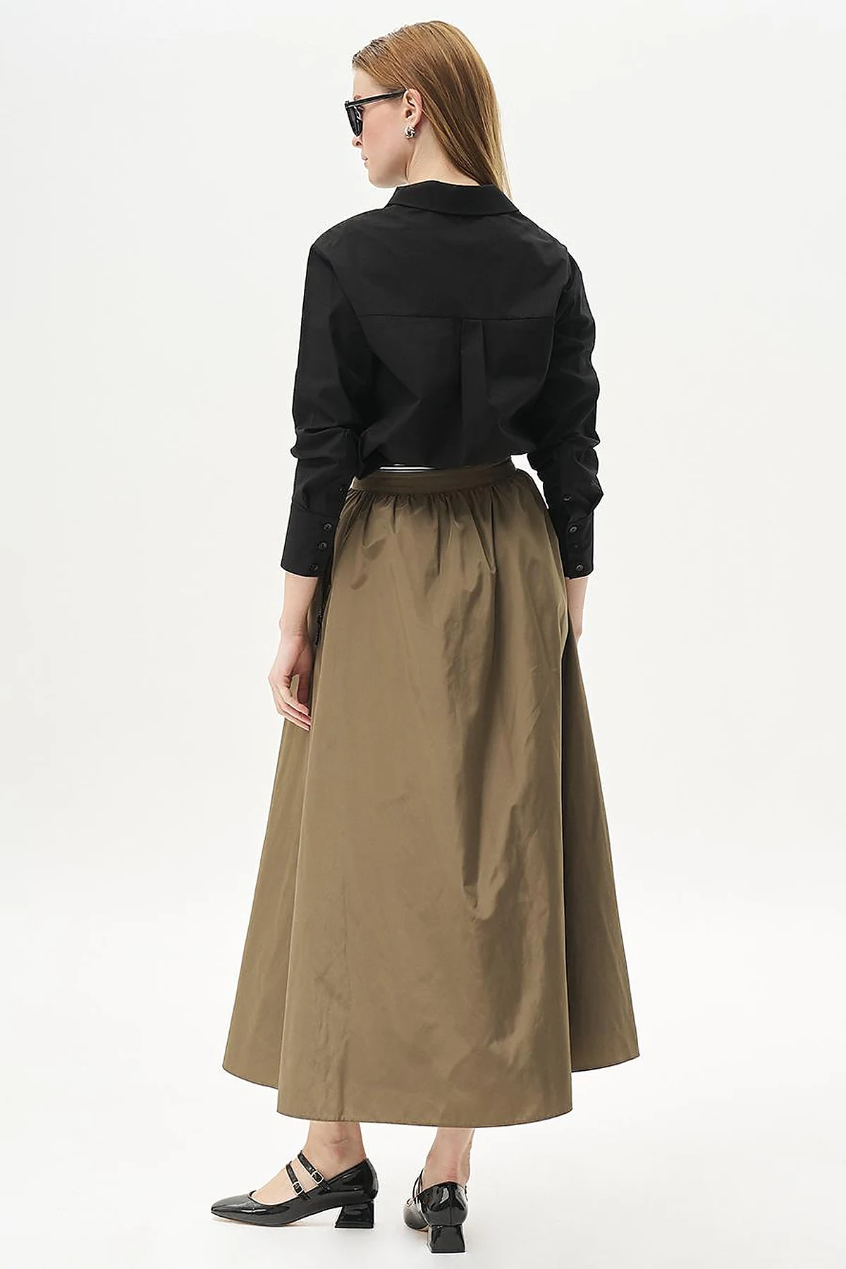 Elastic Waist Parachute Fabric Skirt Olive Green