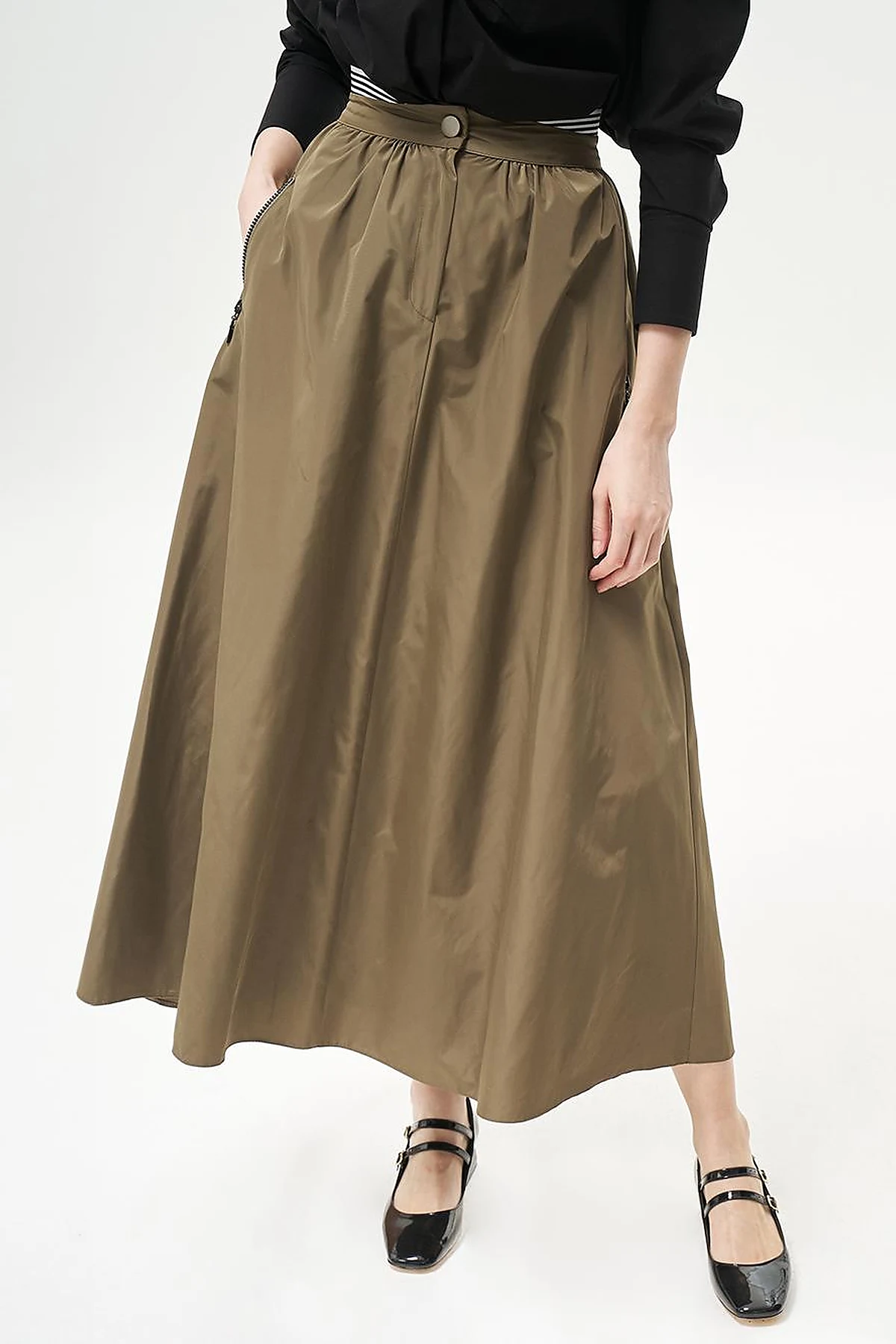 Elastic Waist Parachute Fabric Skirt Olive Green