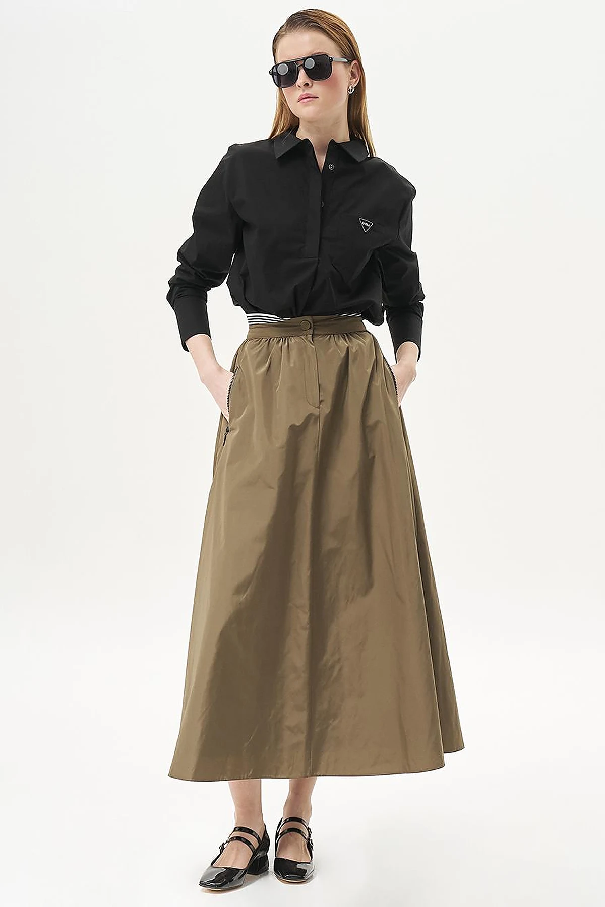 Elastic Waist Parachute Fabric Skirt Olive Green