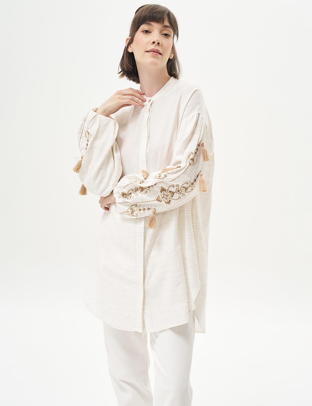 Embroidered Mandarin Collar Tunic Cream