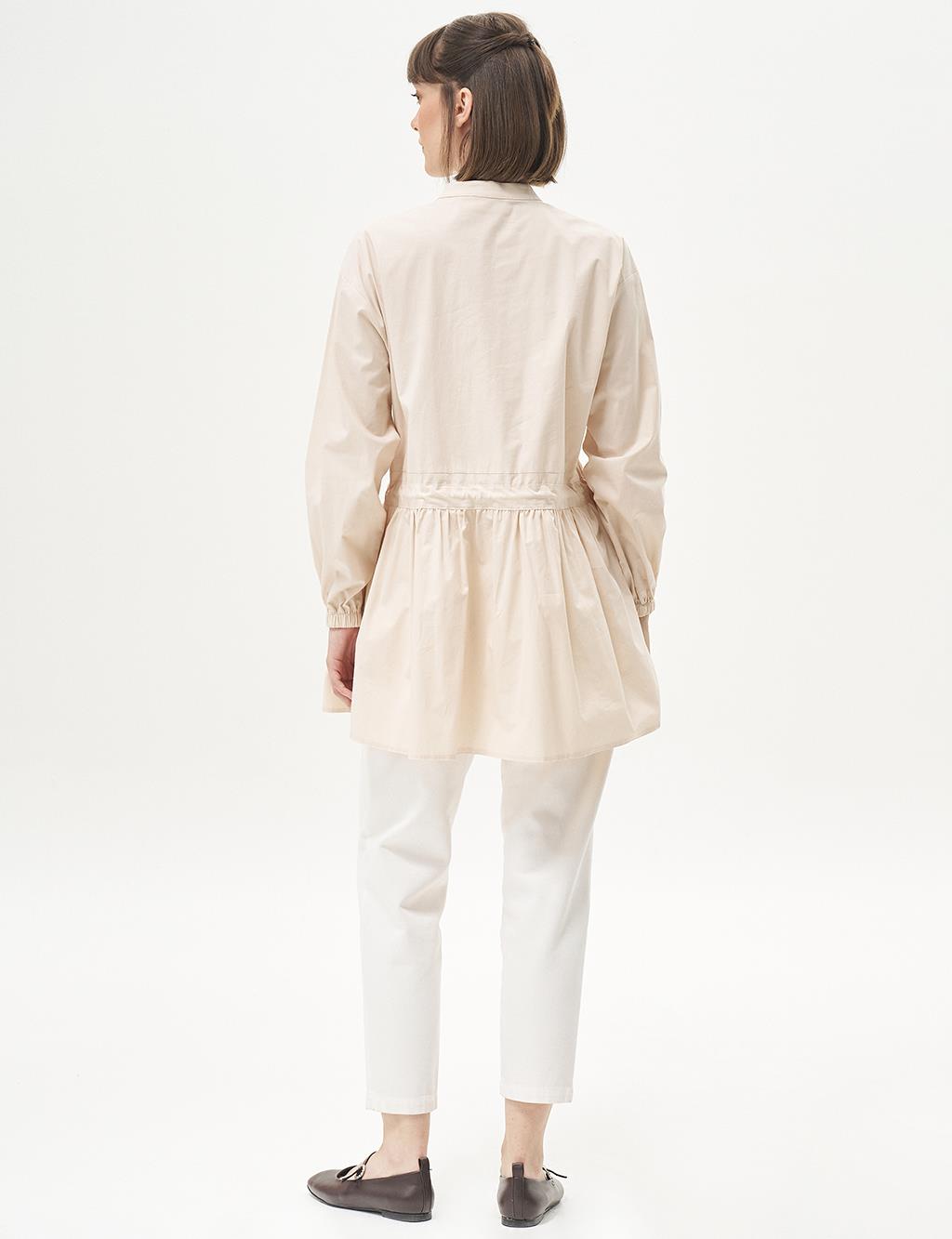 Tasseled Collar Poplin Tunic Cream