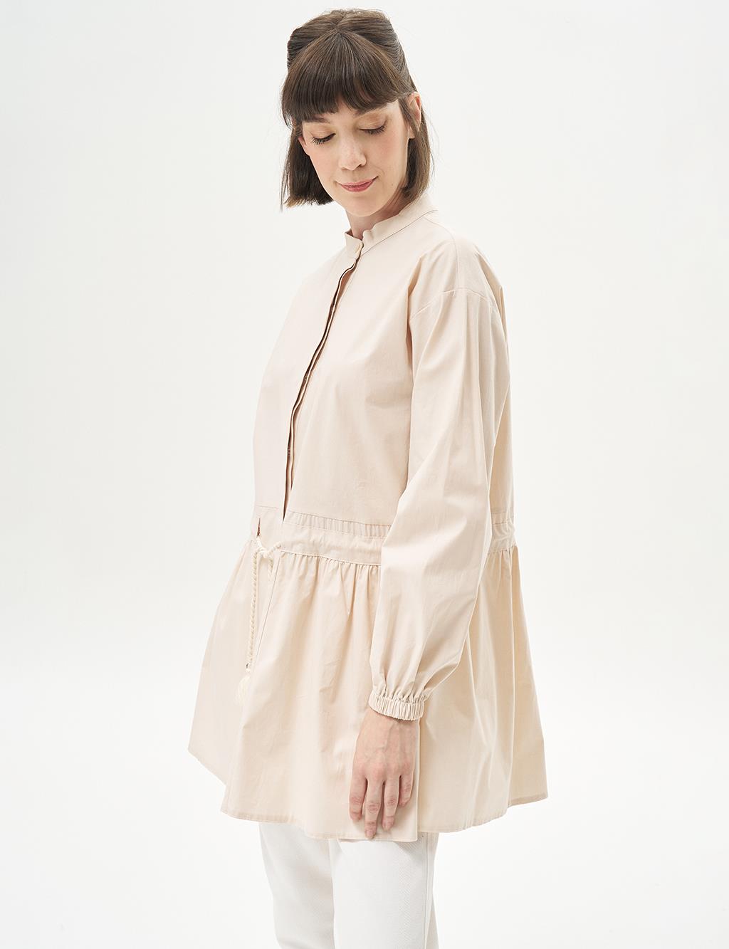 Tasseled Collar Poplin Tunic Cream