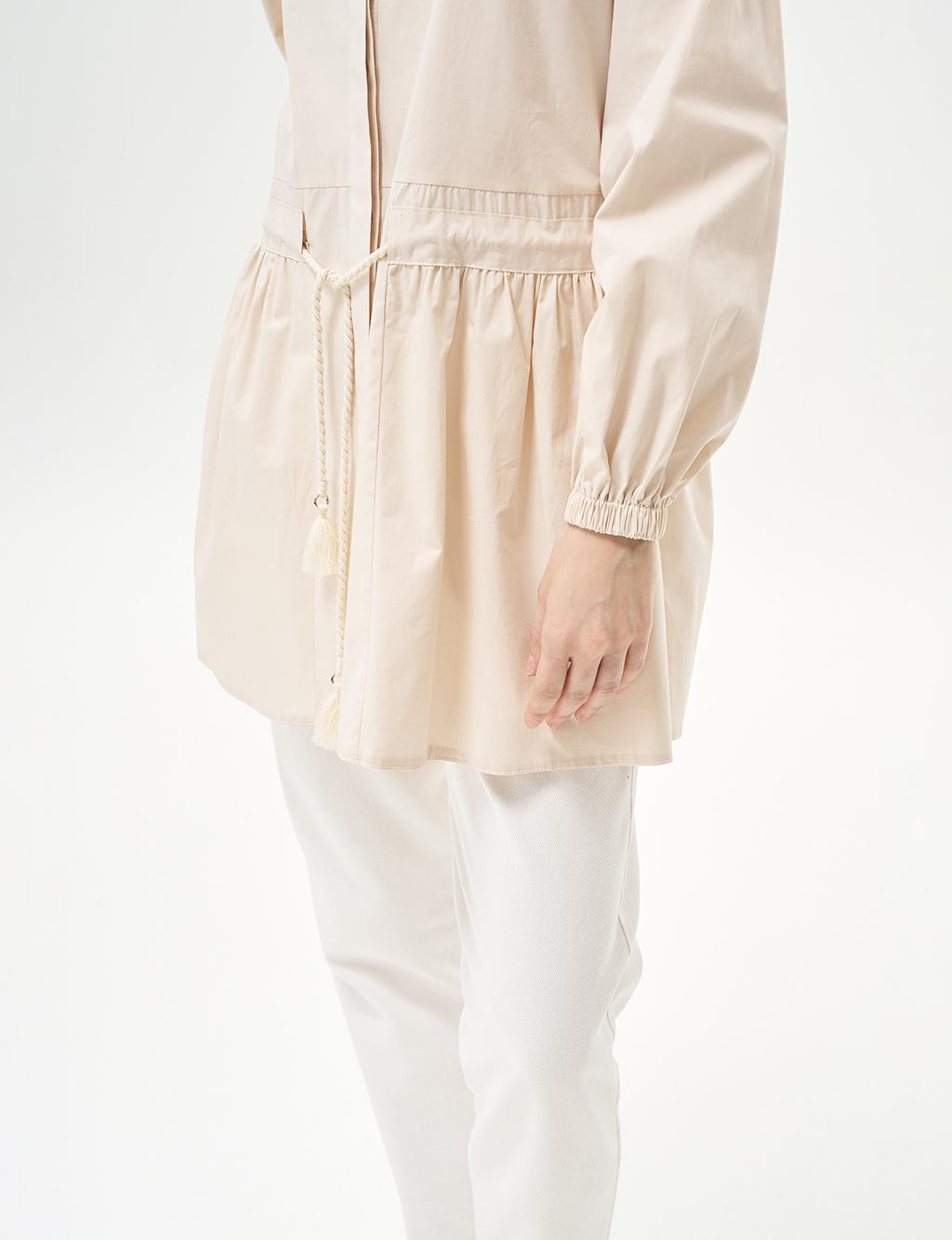 Tasseled Collar Poplin Tunic Cream