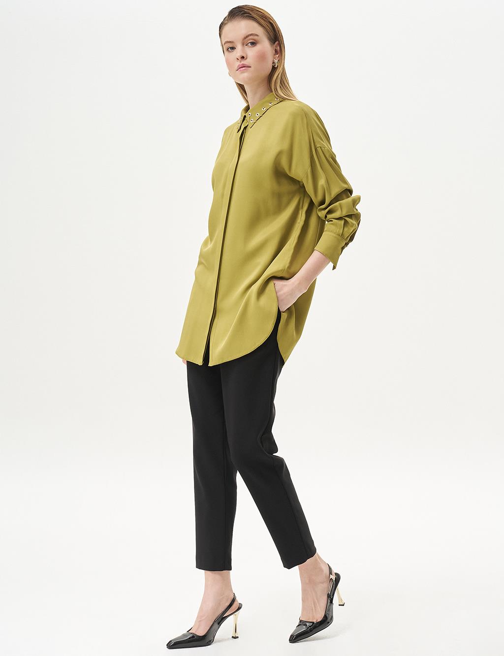 Shirt Collar Tunic with Bird Eye Detail on the Collar Khaki