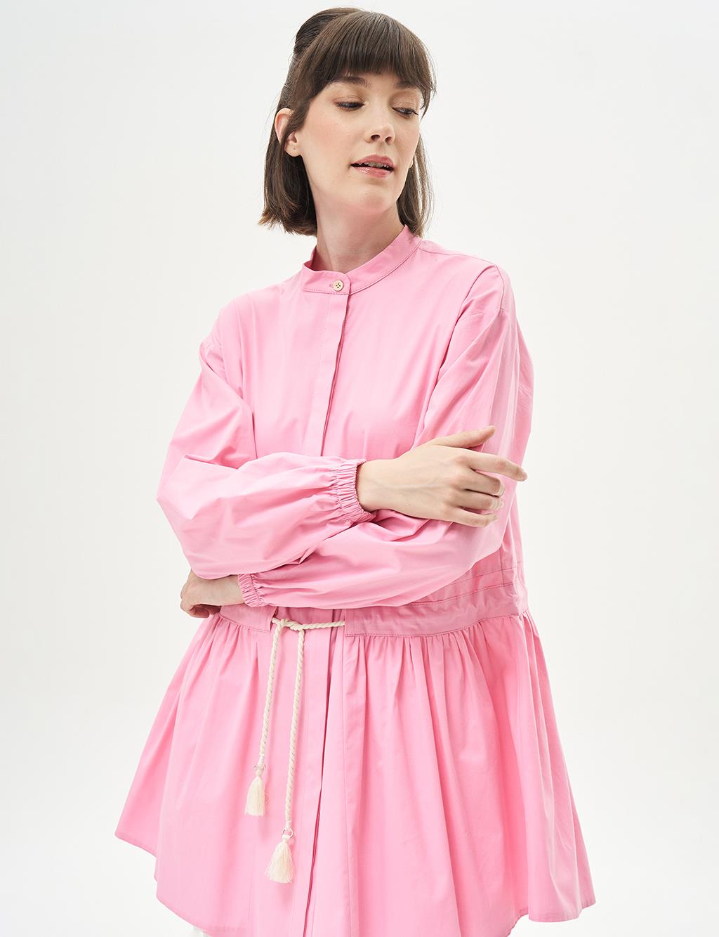 Tasseled Collar Poplin Tunic Candy Pink