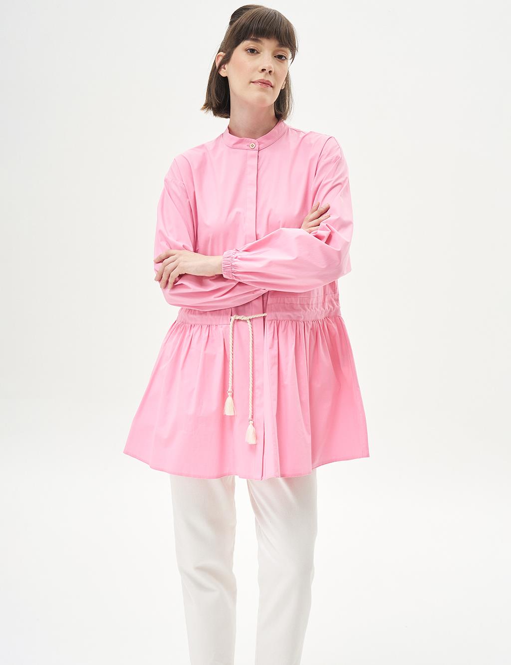 Tasseled Collar Poplin Tunic Candy Pink