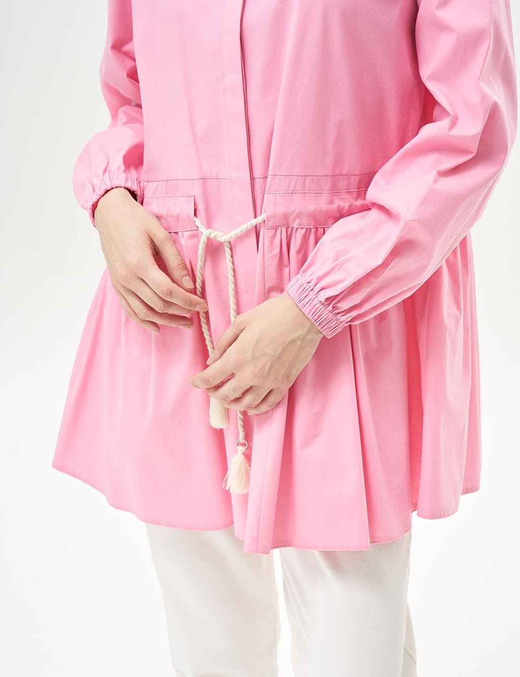 Tasseled Collar Poplin Tunic Candy Pink