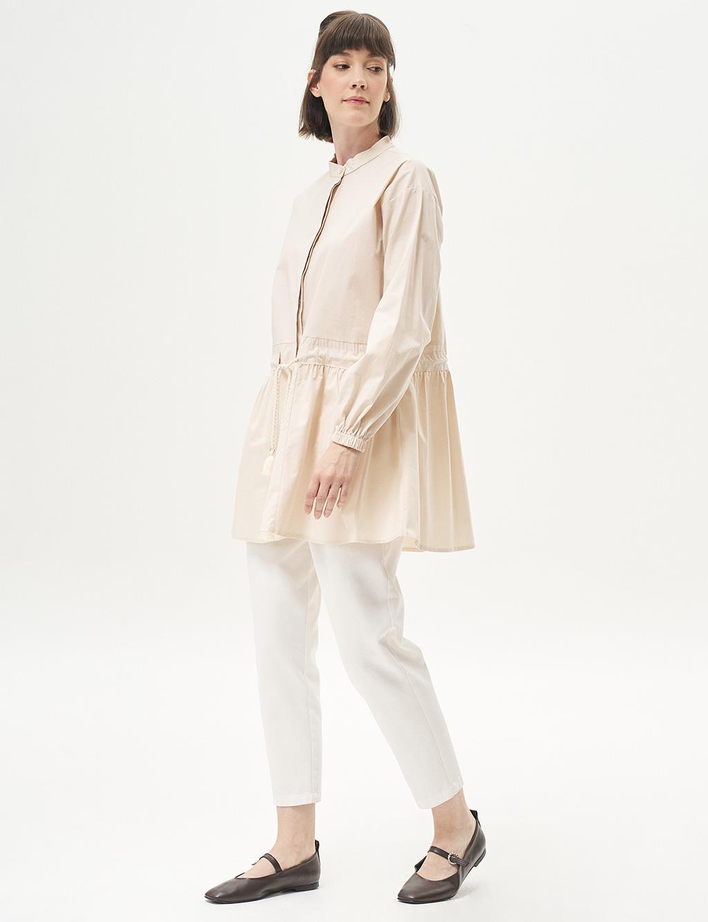 Tasseled Collar Poplin Tunic Cream