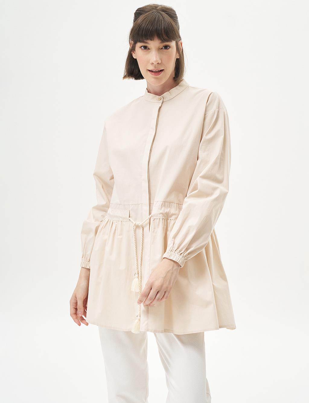 Tasseled Collar Poplin Tunic Cream