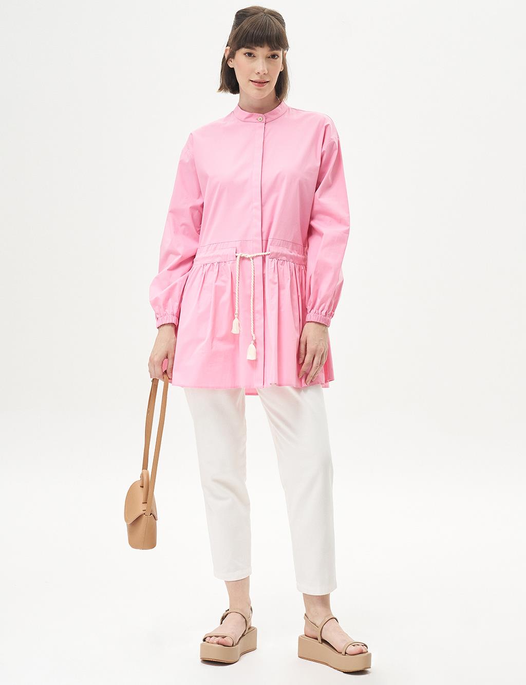 Tasseled Collar Poplin Tunic Candy Pink