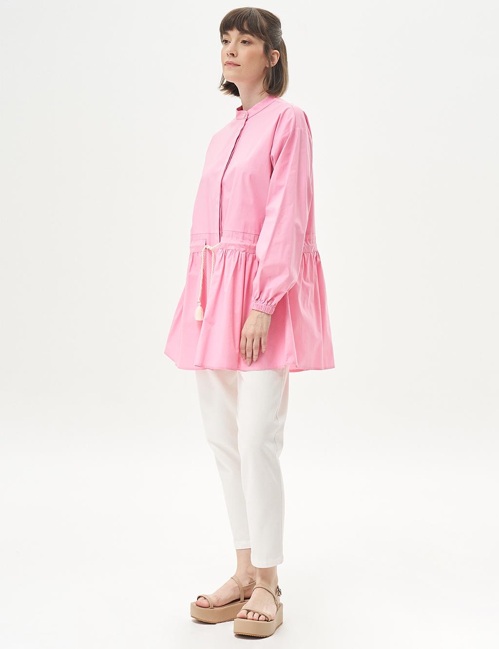 Tasseled Collar Poplin Tunic Candy Pink